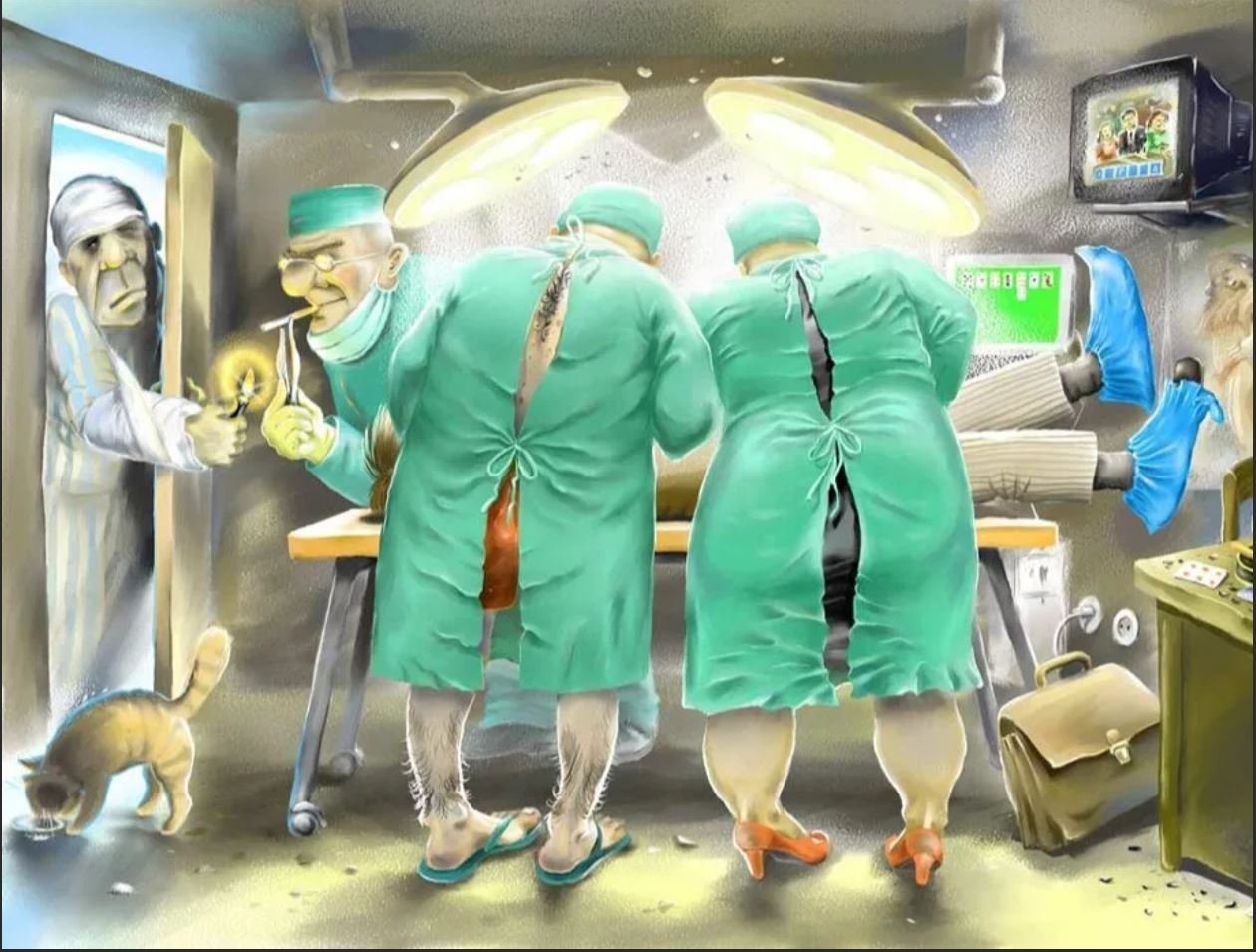 Тяжелая жизнь врача. Хирурги в операционной карикатура. Хирург карикатура. Новогодние приколы про врачей.