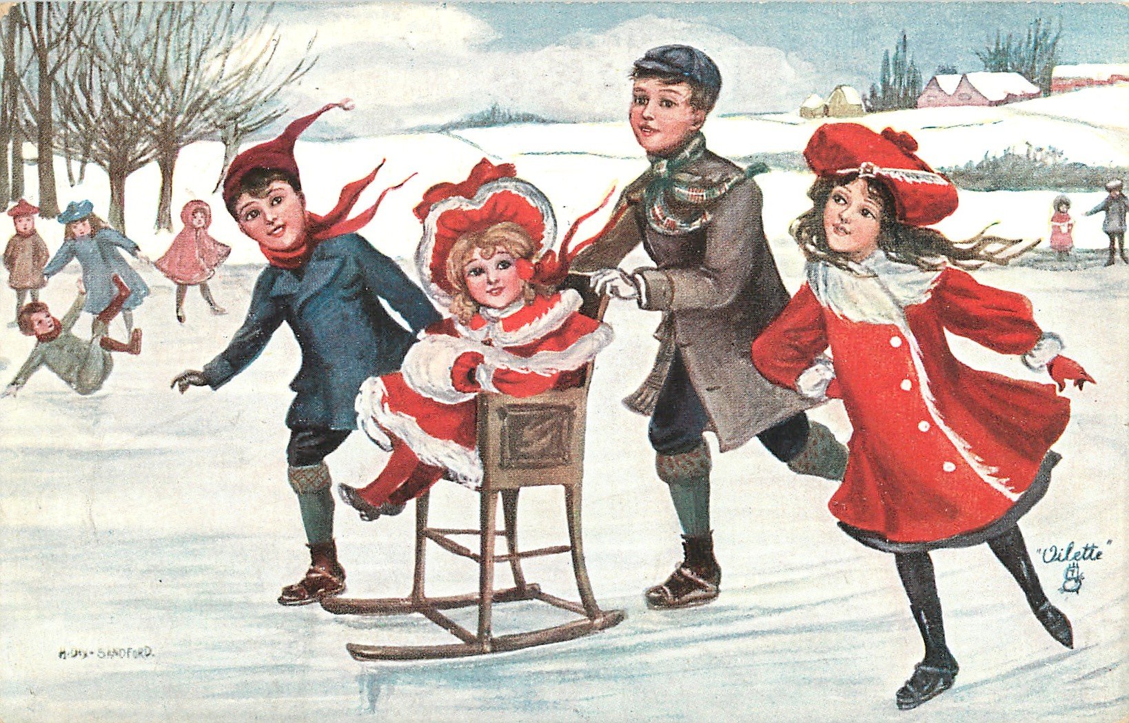 День рождения на катке. Рождественские забавы. Зимние забавы. Дети катаются на коньках. Катание на коньках ретро.