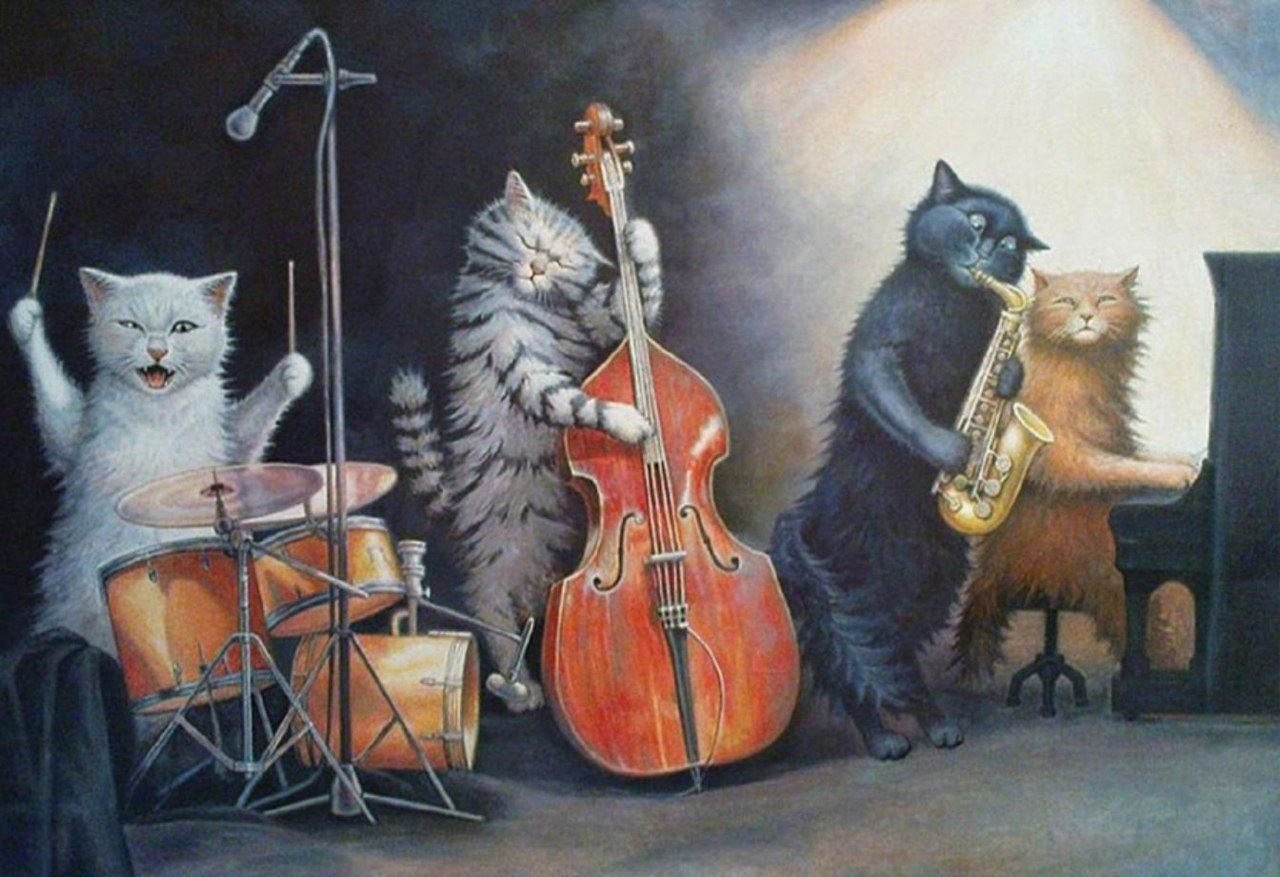 Песня веселая кошка. Коты Степана Каширина картины. Коты музыканты.