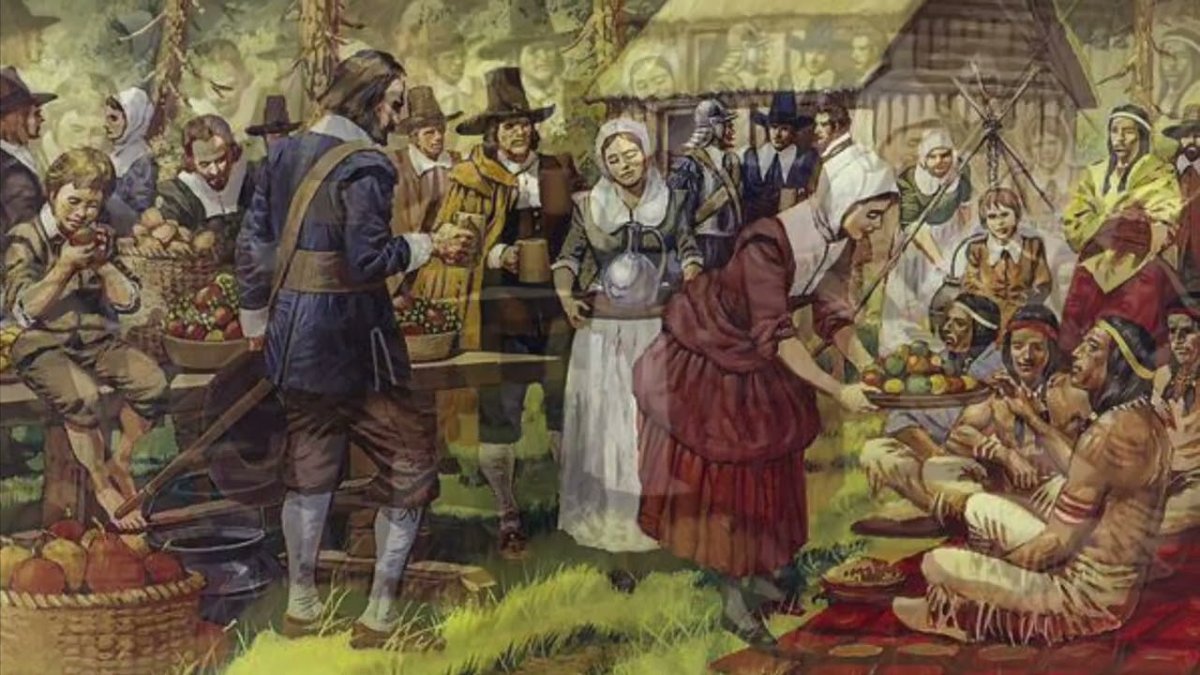 День пилигримов. День Благодарения 1621. День Благодарения в США история. Пилигримы и индейцы. Первые поселенцы США.