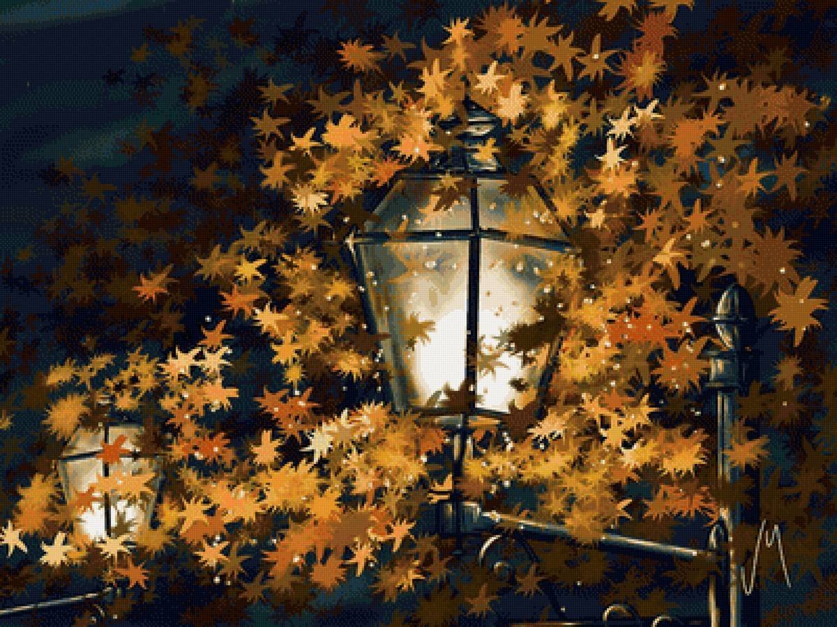 Осенней ночью светлой и тихой я возвращался. Цифровая живопись художница Veronica Minozzi.. Осенняя ночь. Осень ночь. Фонарь в листве.