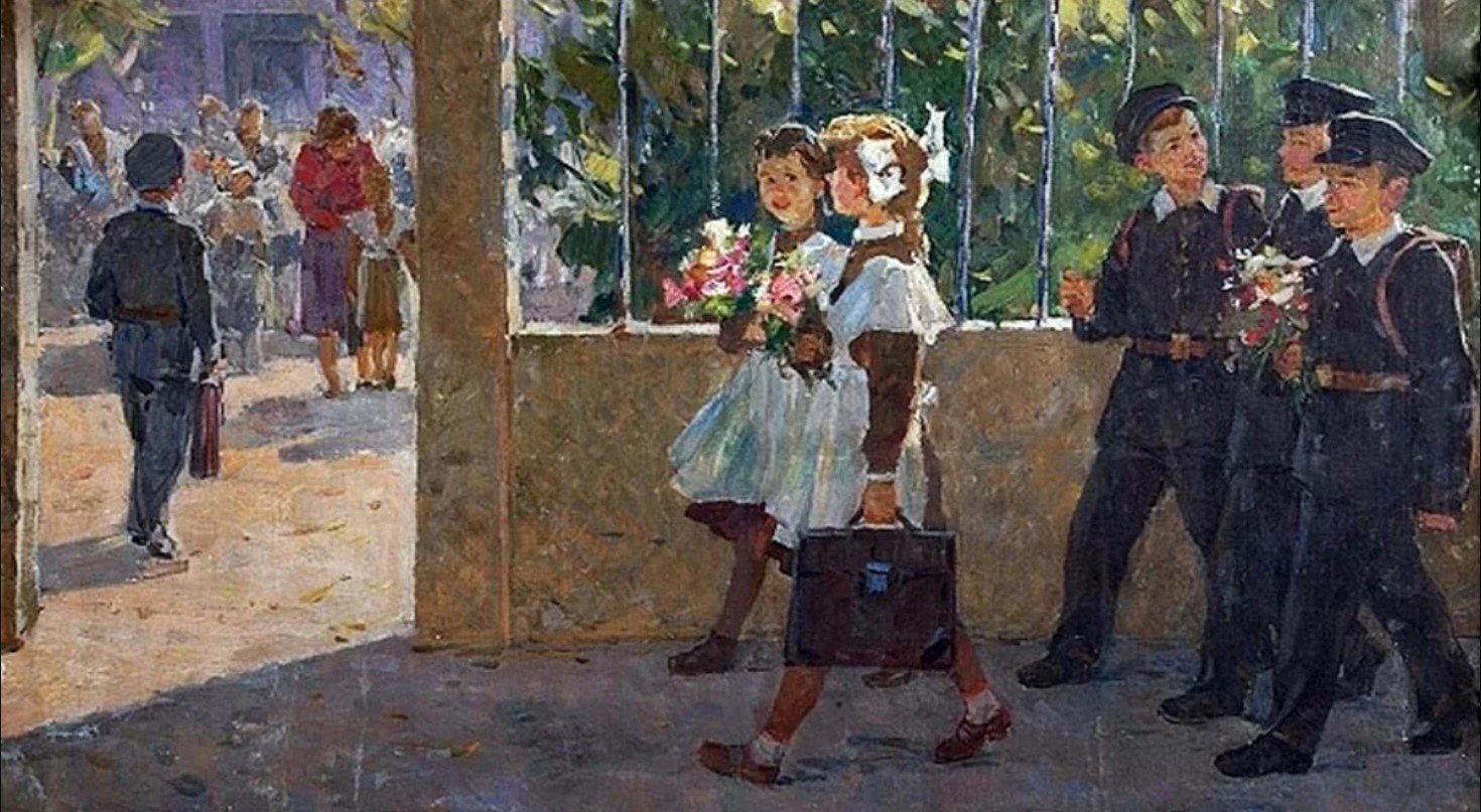 22 февраля идут в школу. Советская школа в живописи. Школьники живопись.